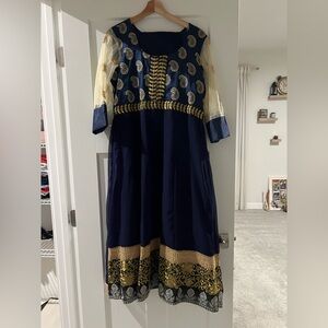 Elegant Navy and Gold Embroidered Dress